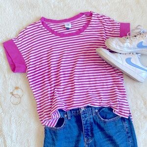 3/$25 Boxy Oversized Style Pink Striped Short Sleeve Tee